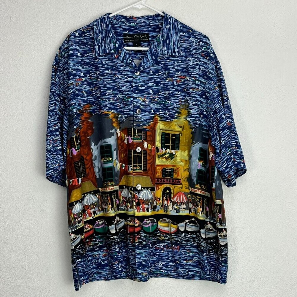 Guy Buffet Men's Large Blue Graphic Print Silk Short Sleeve Button-Up Shirt